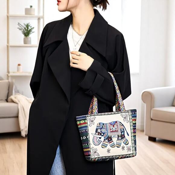 Elephant Embroidered Cream Tote Bag Jacquard Fabric Boho NWT - Picture 5 of 14